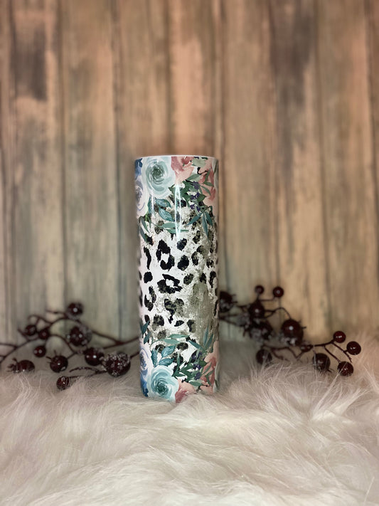 20 oz Pink and Purple Flowers Cheetah Print Double Wall Stainless Steel Tumbler